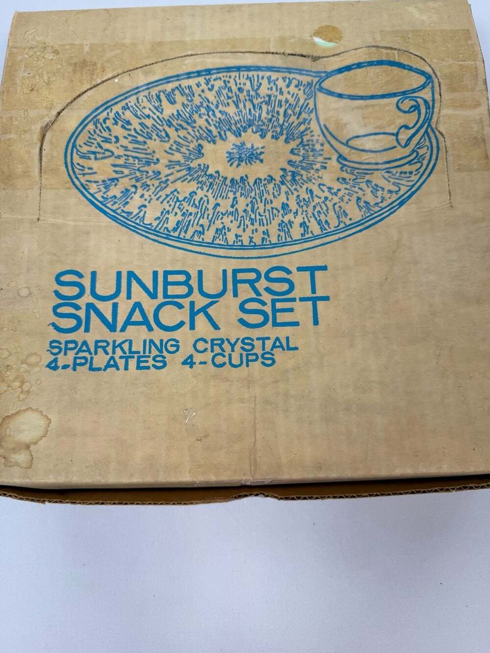 Vintage Indiana Glass Sunburst Snack Set Sparkling Crystal 4 Plates 4 Cups